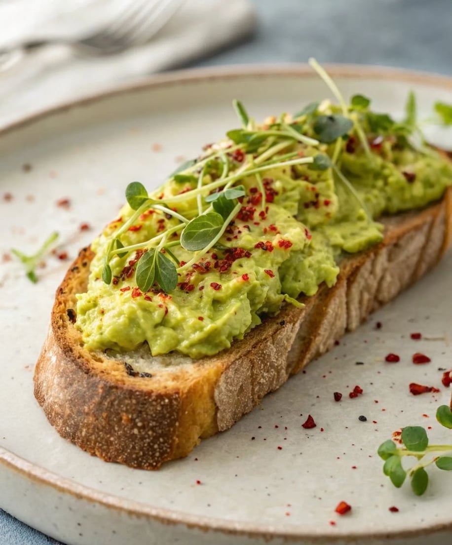 A slice of rustic bread topped with mashed avocado, microgreens, and red pepper flakes, served on a ceramic plate with a few scattered greens and pepper flakes around.