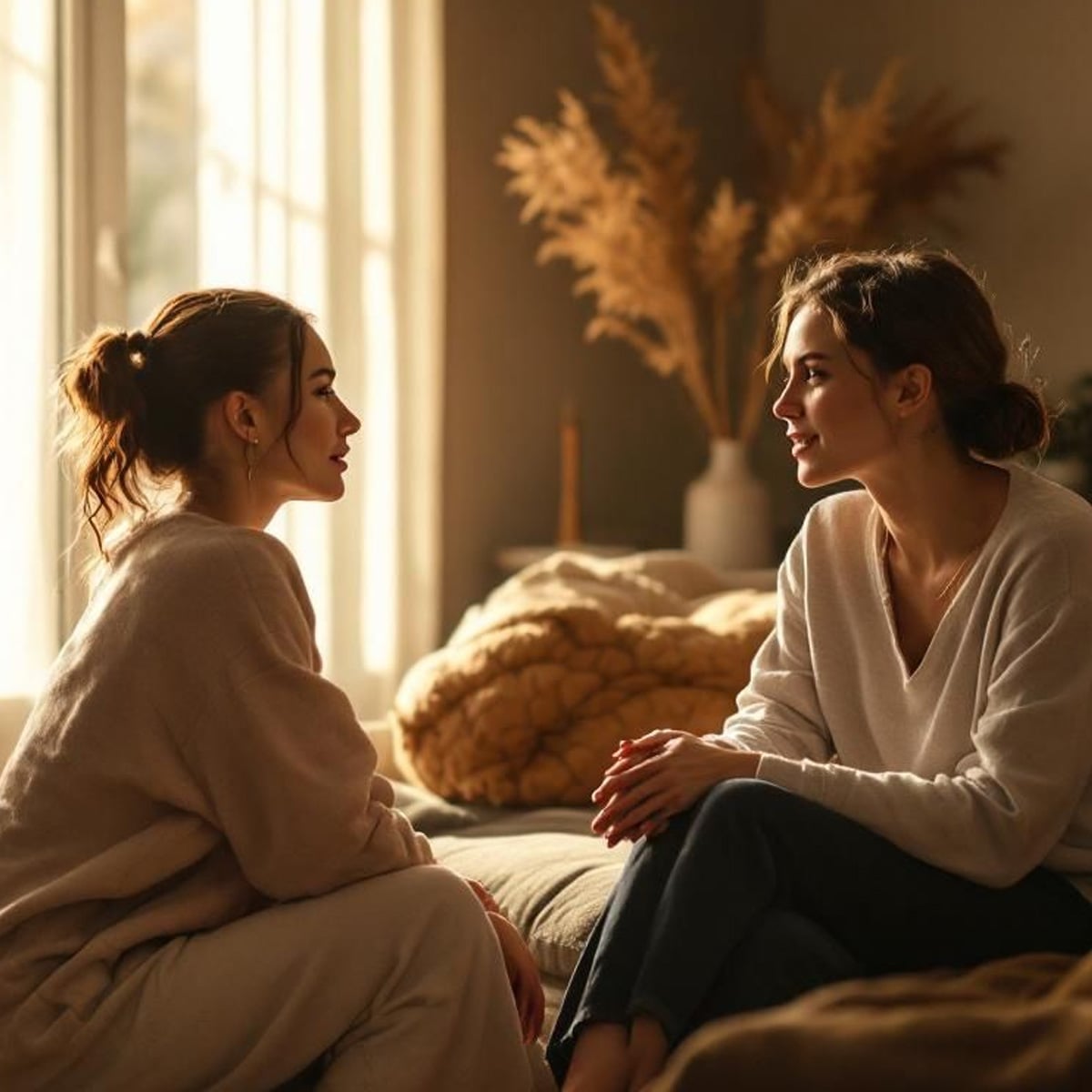 Two women sit facing each other on a cozy sofa, engaged in conversation in a warmly lit living room with large windows and decorative pampas grass in the background.