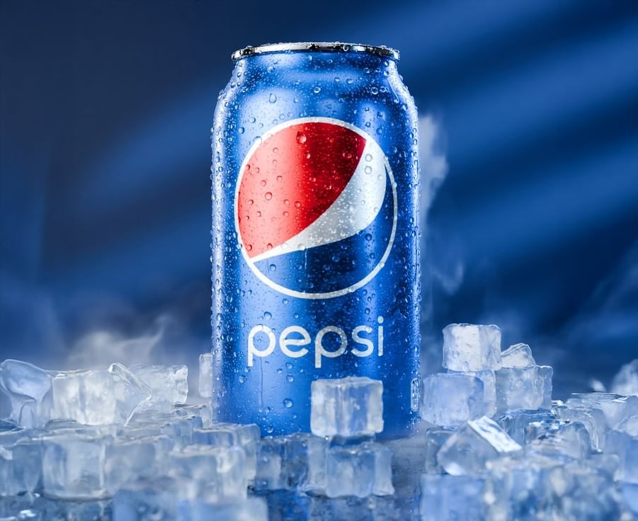 A cold can of Pepsi with water droplets sits surrounded by ice cubes against a blue background.