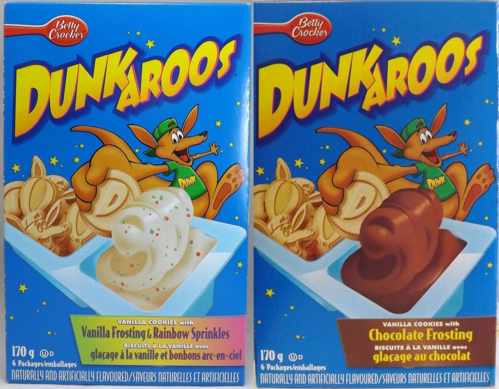 Two boxes of Betty Crocker Dunkaroos are shown: one with vanilla frosting and rainbow sprinkles, and the other with chocolate frosting. Both boxes feature a cartoon kangaroo dipping cookies.