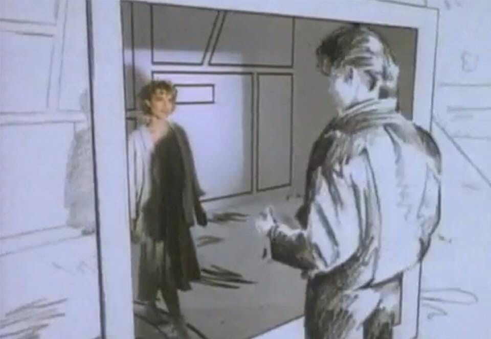 A woman stands inside a room with sketch-like walls, looking at a man whose back is turned. The scene blends real people with pencil-drawn backgrounds, giving it a surreal, illustrated effect.