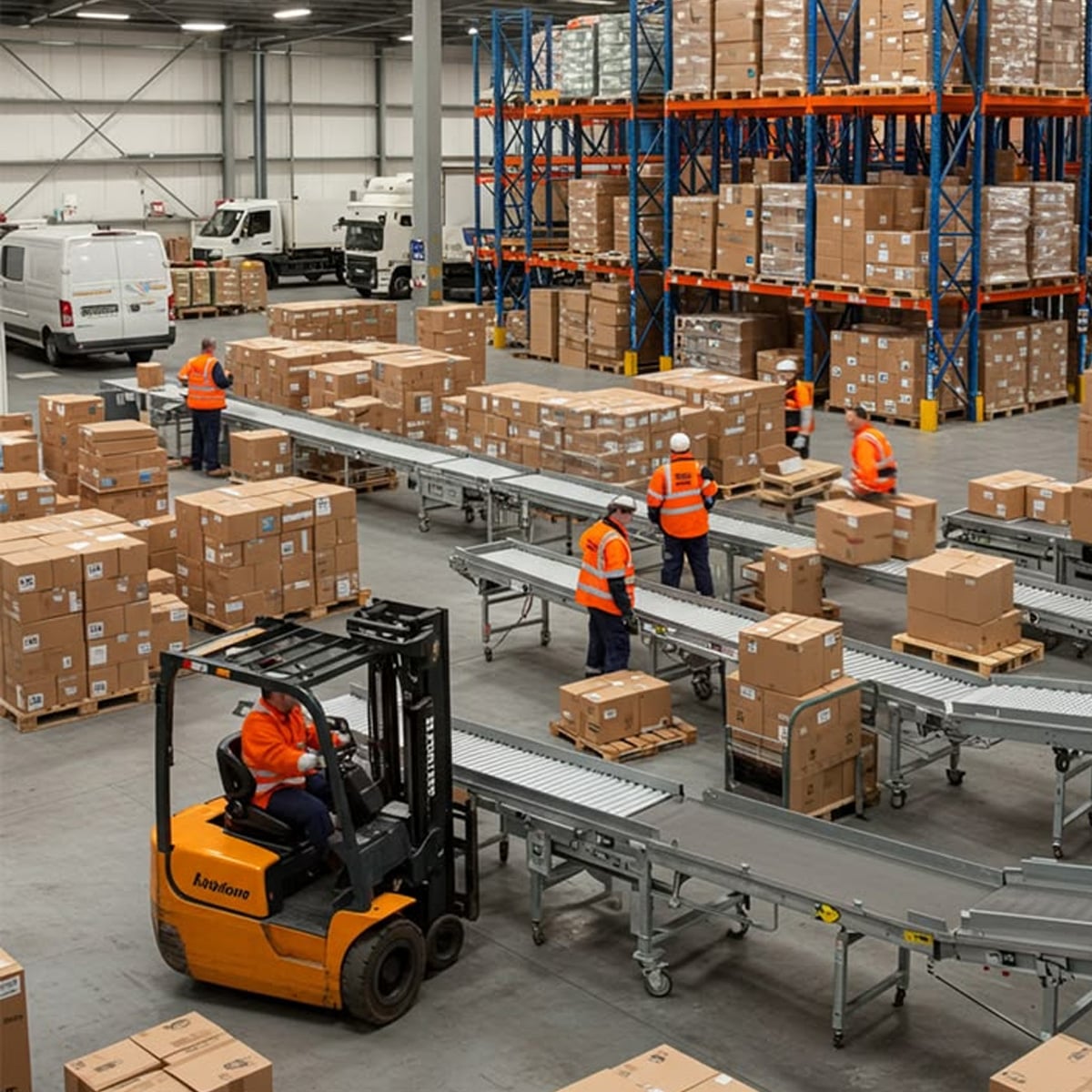Workers in high-visibility vests sort and move cardboard boxes on conveyor belts in a spacious warehouse with tall shelves, forklifts, and delivery vans.