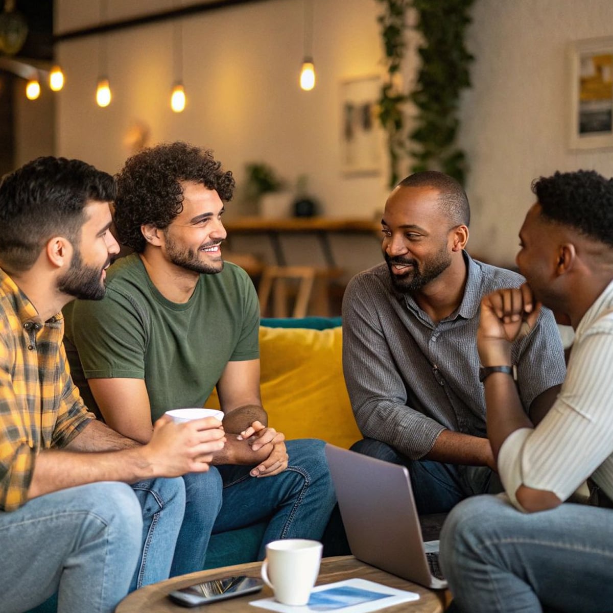 Four men sit together in a cozy cafe, smiling and chatting around a table with coffee cups and a laptop, suggesting a relaxed conversation or casual meeting. Warm lighting and modern decor are visible in the background.