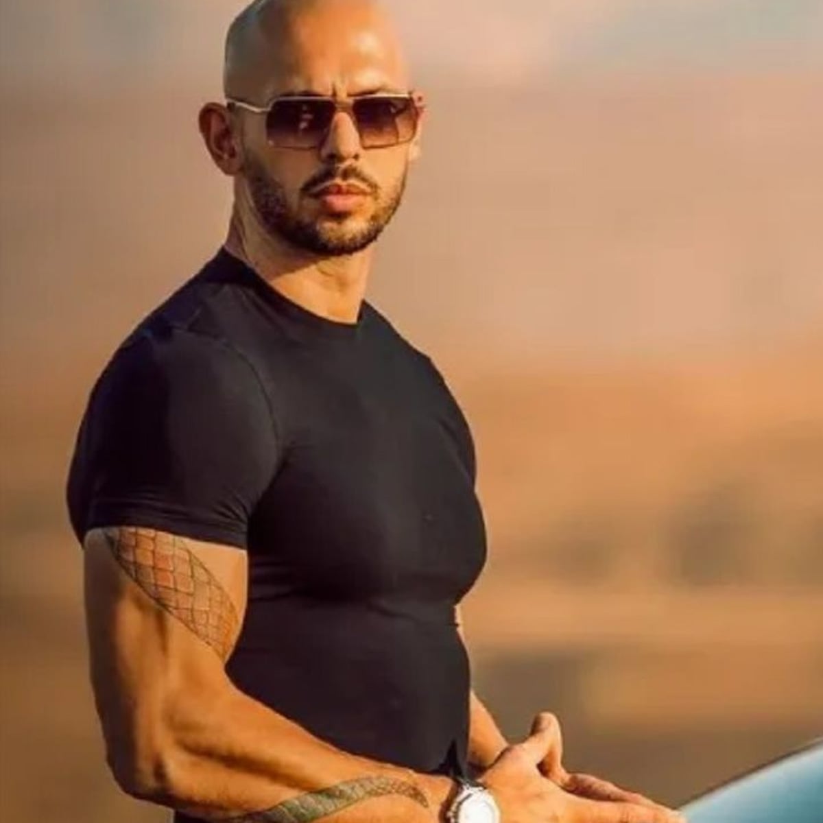 A muscular man with a shaved head, beard, and sunglasses is wearing a fitted black T-shirt. He is outdoors with a blurred, sandy background, posing with his arms resting on a car and looking forward.