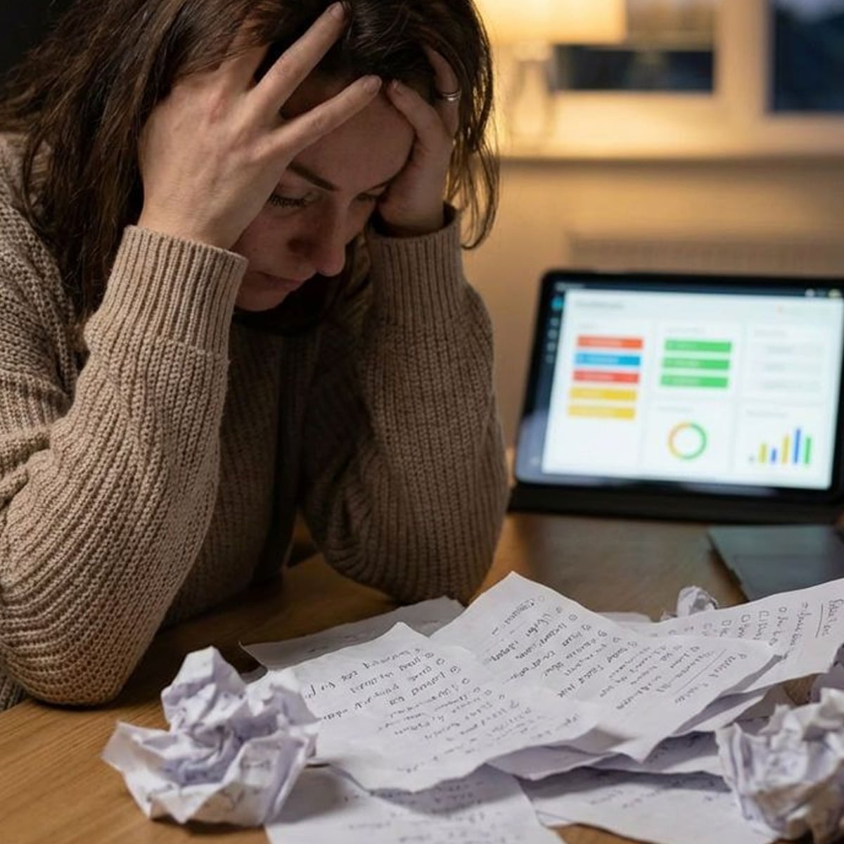 A woman sits at a table with her head in her hands, looking stressed. Crumpled papers are spread out in front of her, and a tablet displaying colorful charts and graphs is in the background.