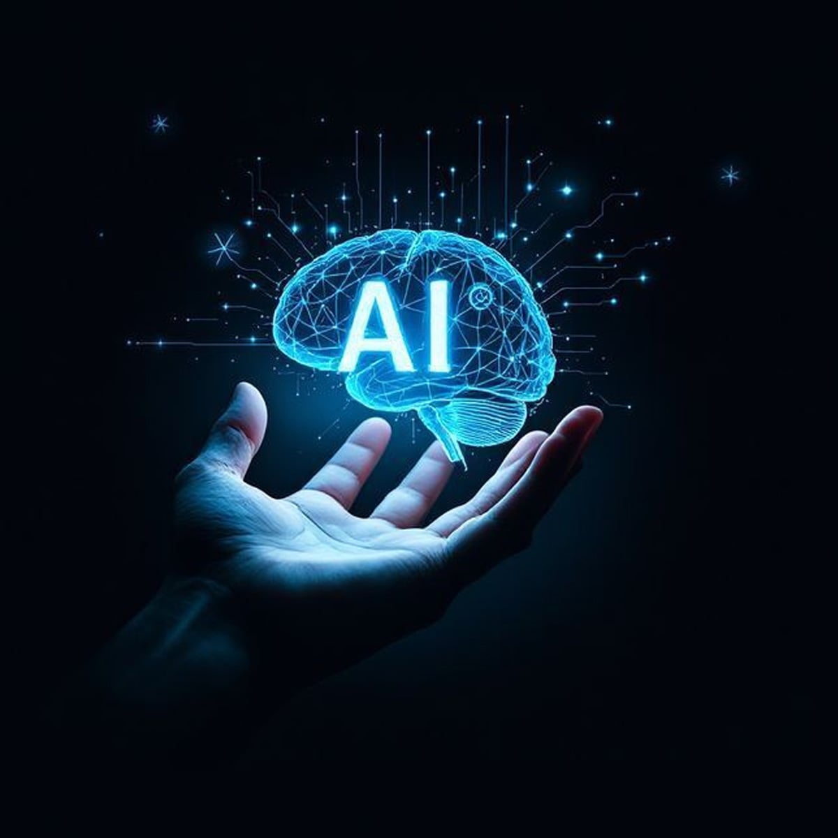 A hand is reaching up toward a glowing digital brain labeled "AI," with circuits and light nodes representing artificial intelligence and technology. The background is dark, emphasizing the bright blue design.