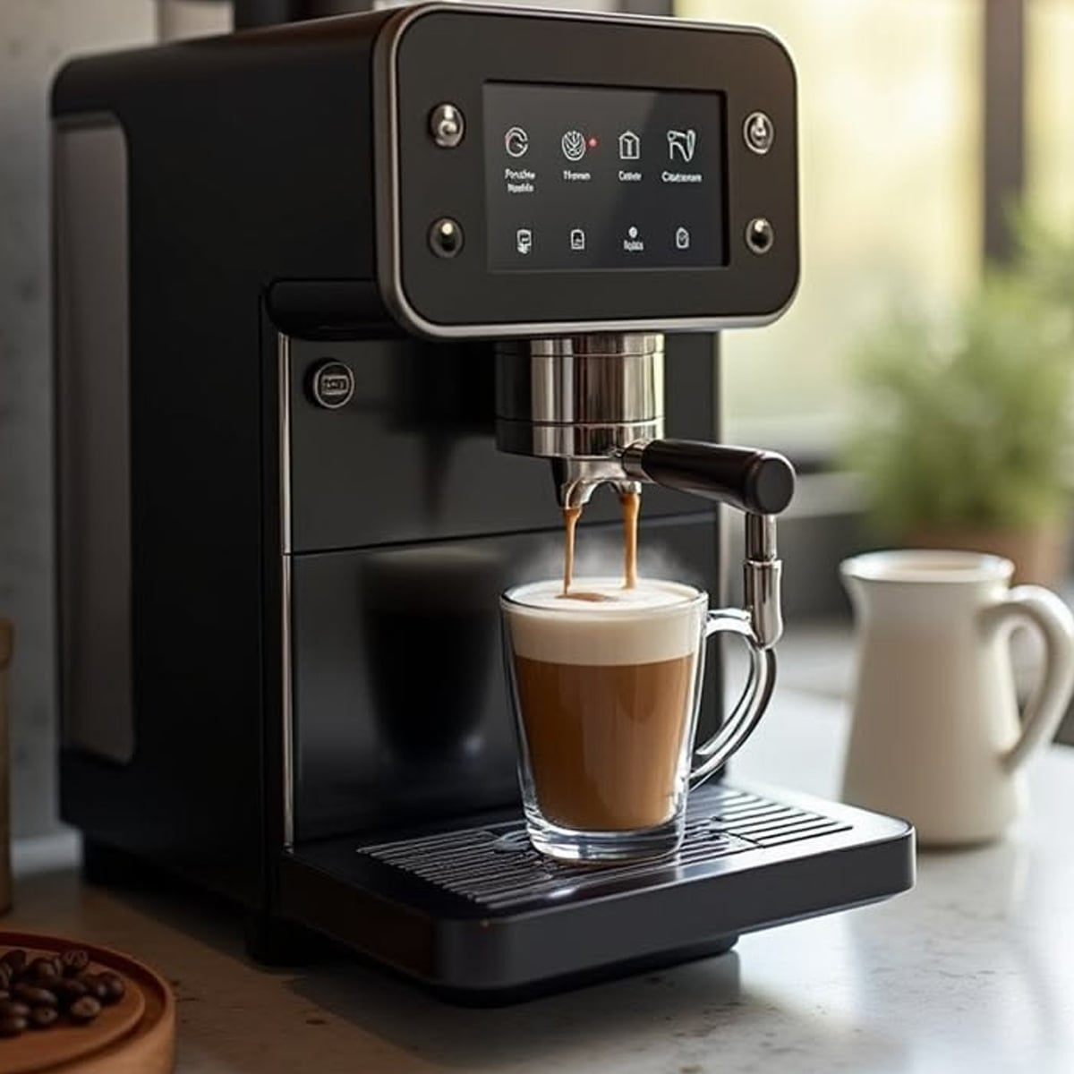 A modern espresso machine brews coffee into a glass mug on a kitchen counter, with a milk jug and coffee beans nearby. The machine features a digital display and a sleek black design.