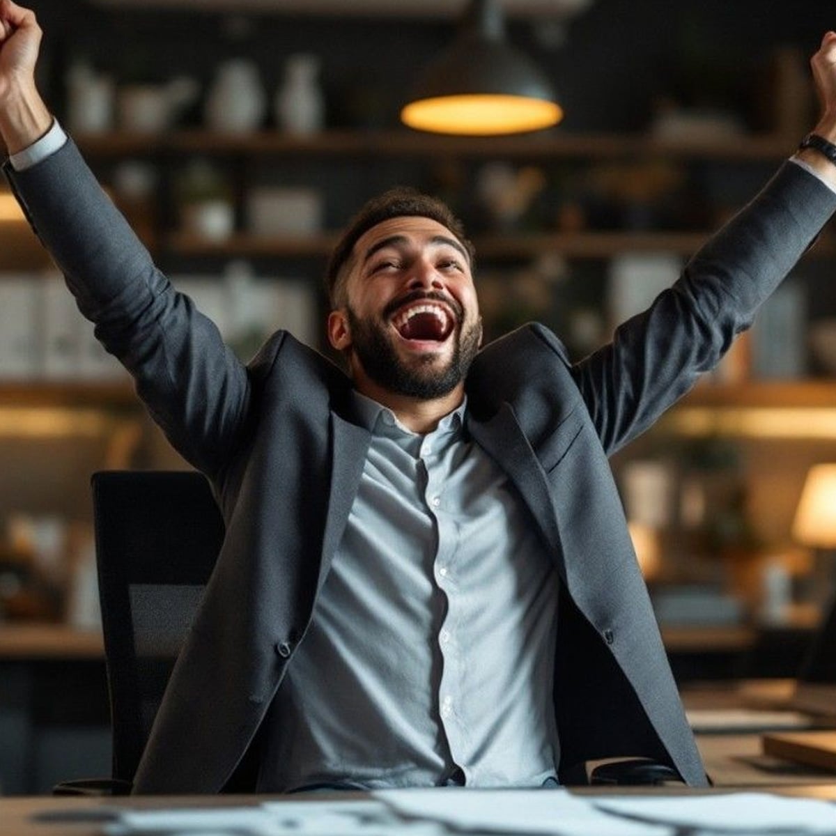 A man in a suit sits at a desk with his arms raised in excitement, smiling broadly. The background shows shelves and warm lighting, suggesting an office environment.
