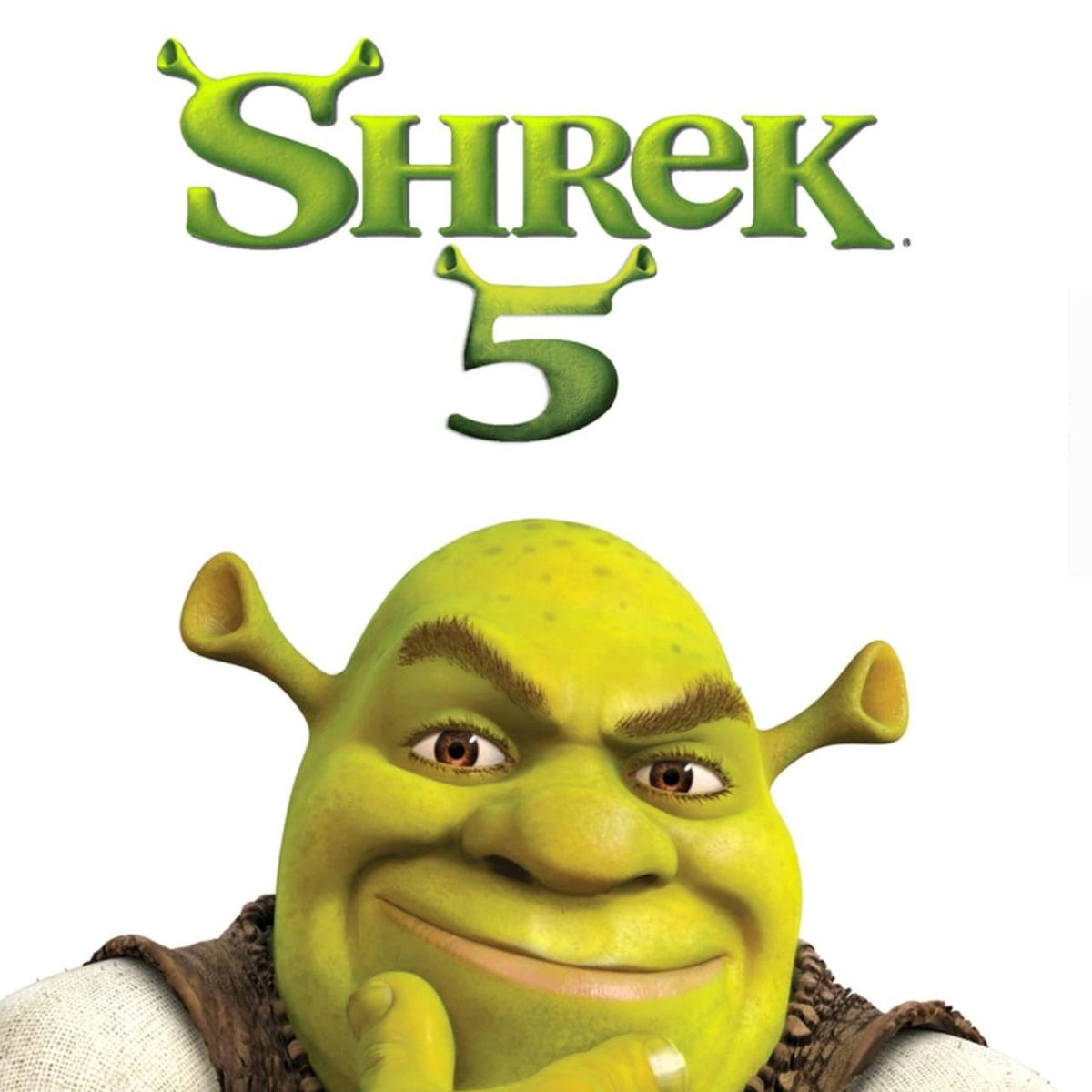 The image features the green ogre character Shrek smiling thoughtfully, with the text "Shrek 5" in bold green letters above his head on a white background.