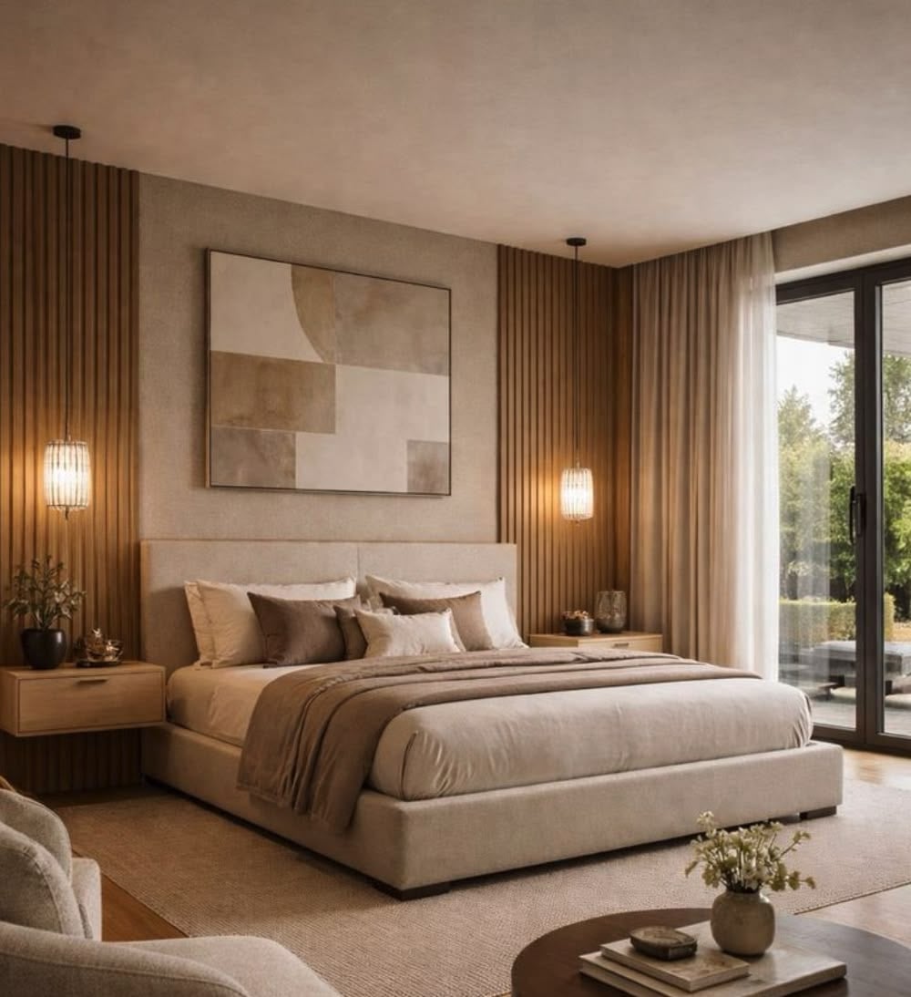A modern, neutral-toned bedroom with a large upholstered bed, minimalist nightstands, pendant lights, abstract wall art, a glass door leading outside, and soft natural light filling the space.