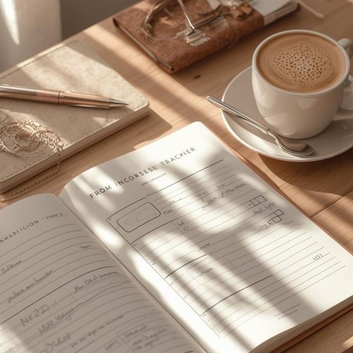 A wooden desk with an open planner, a notebook, a pen, glasses, and a cup of coffee with latte art. Sunlight casts soft shadows across the scene, creating a warm and cozy atmosphere.