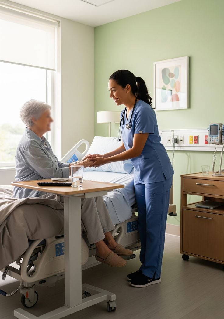 A nurse in blue scrubs smiles and holds hands with an elderly patient sitting on a hospital bed in a bright, modern hospital room.