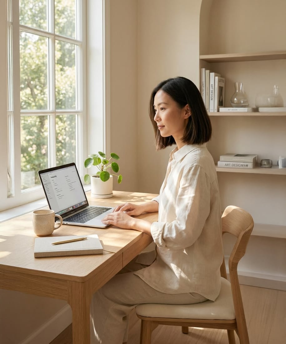 A woman sits at a wooden desk by a window, working on a laptop. There is a notebook, pencil, mug, and potted plant on the desk. Shelves with books and decor are visible in the softly lit room.