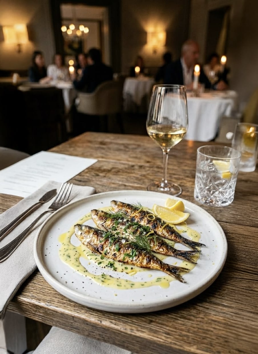 A plate of grilled sardines with lemon wedges and sauce sits on a wooden table next to a glass of white wine and a glass of water, in a softly lit restaurant with diners in the background.