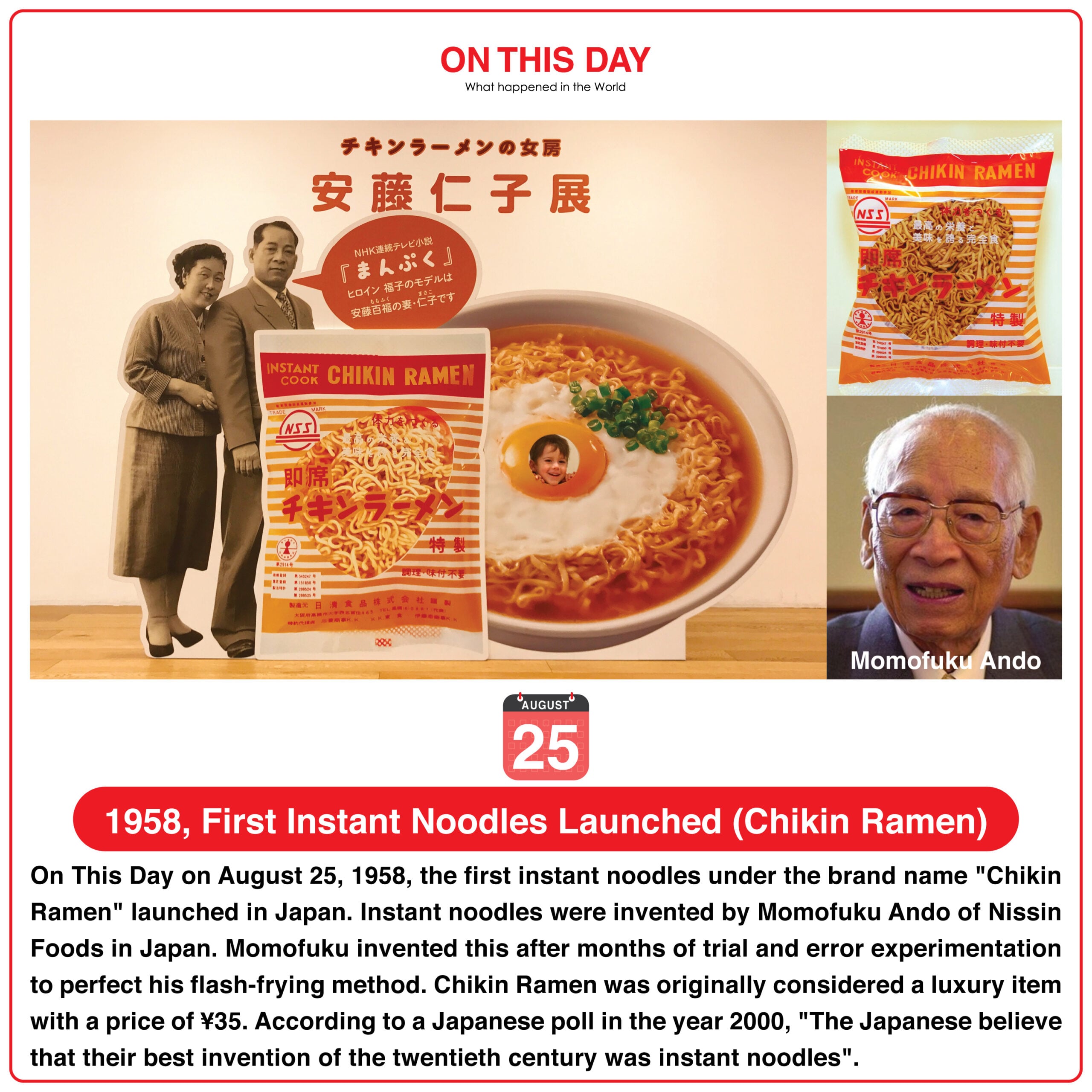 An informational graphic featuring the history of Chikin Ramen, with a vintage photo of Momofuku Ando and his wife, a large Chikin Ramen package, a bowl of ramen, and a portrait of Momofuku Ando.