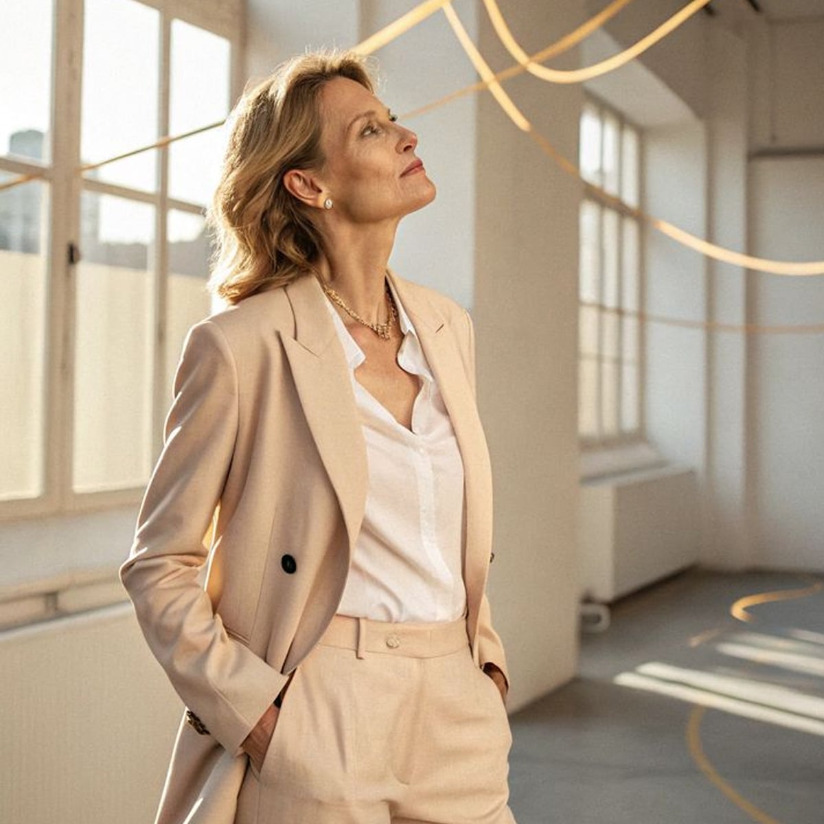A woman in a beige suit stands indoors with hands in her pockets, gazing upward and smiling softly. Sunlight streams through large windows, casting warm light and shadows across the modern, minimalistic room.