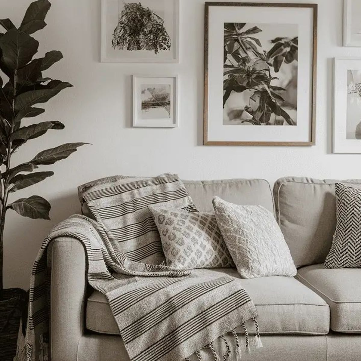 Neutral-toned living room with a light gray sofa, decorative throw pillows, a striped blanket, large leafy plant, and black-and-white nature-themed framed photos on a white wall.