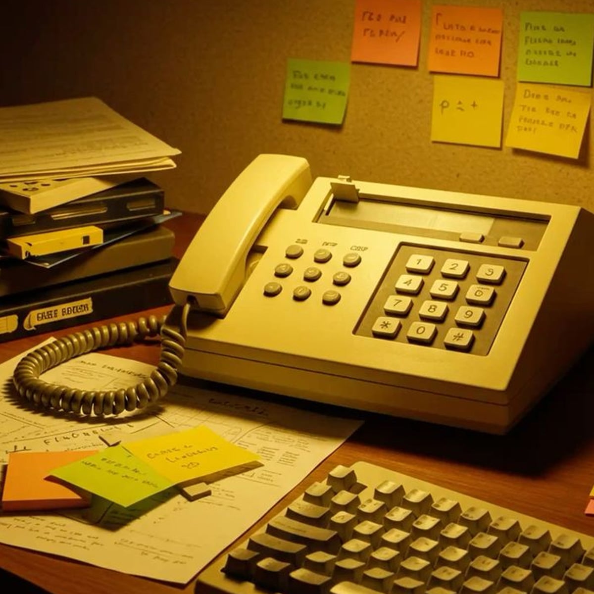 A retro beige landline phone sits on a cluttered wooden desk with paperwork, a keyboard, colored note cards, and sticky notes on a corkboard in the background. The scene is warmly lit, evoking a vintage office atmosphere.