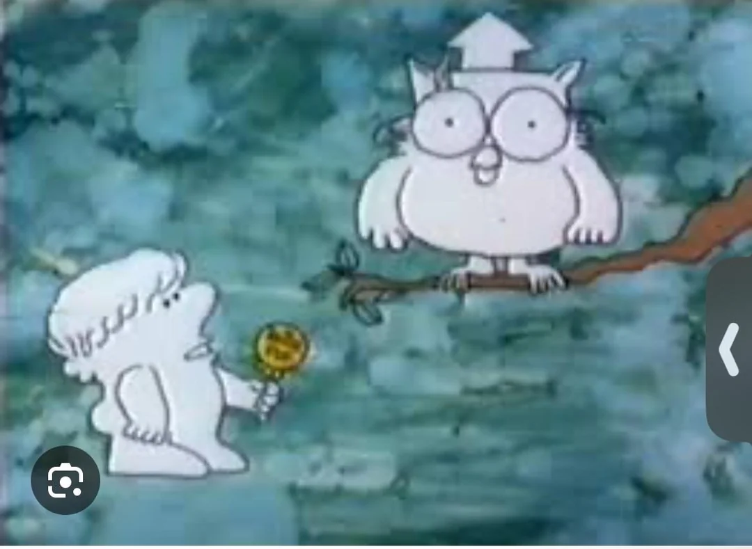 A cartoon boy holding a lollipop talks to a cartoon owl with glasses perched on a tree branch, against a blue-green watercolor background.