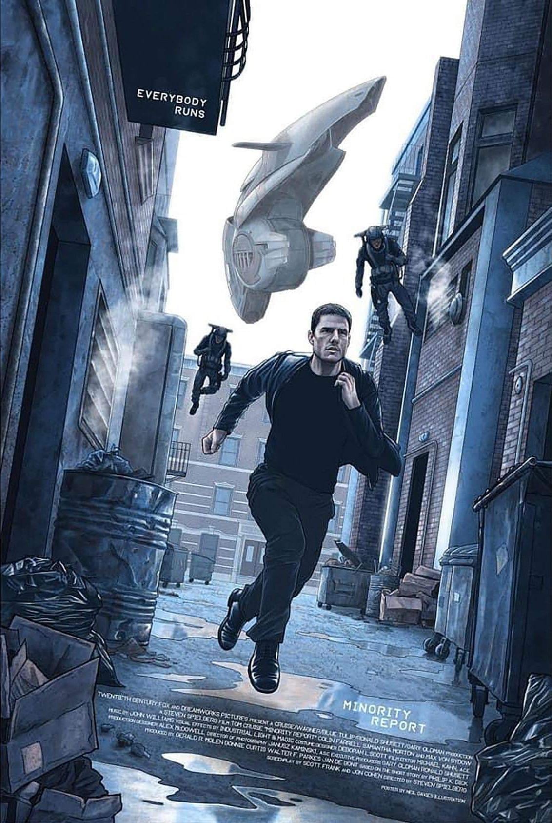 A man runs through an alley while two armored figures chase him from above. A futuristic drone hovers overhead. The alley is lined with trash bins and tall buildings. A sign reads, "EVERYBODY RUNS." The scene is intense and action-packed.