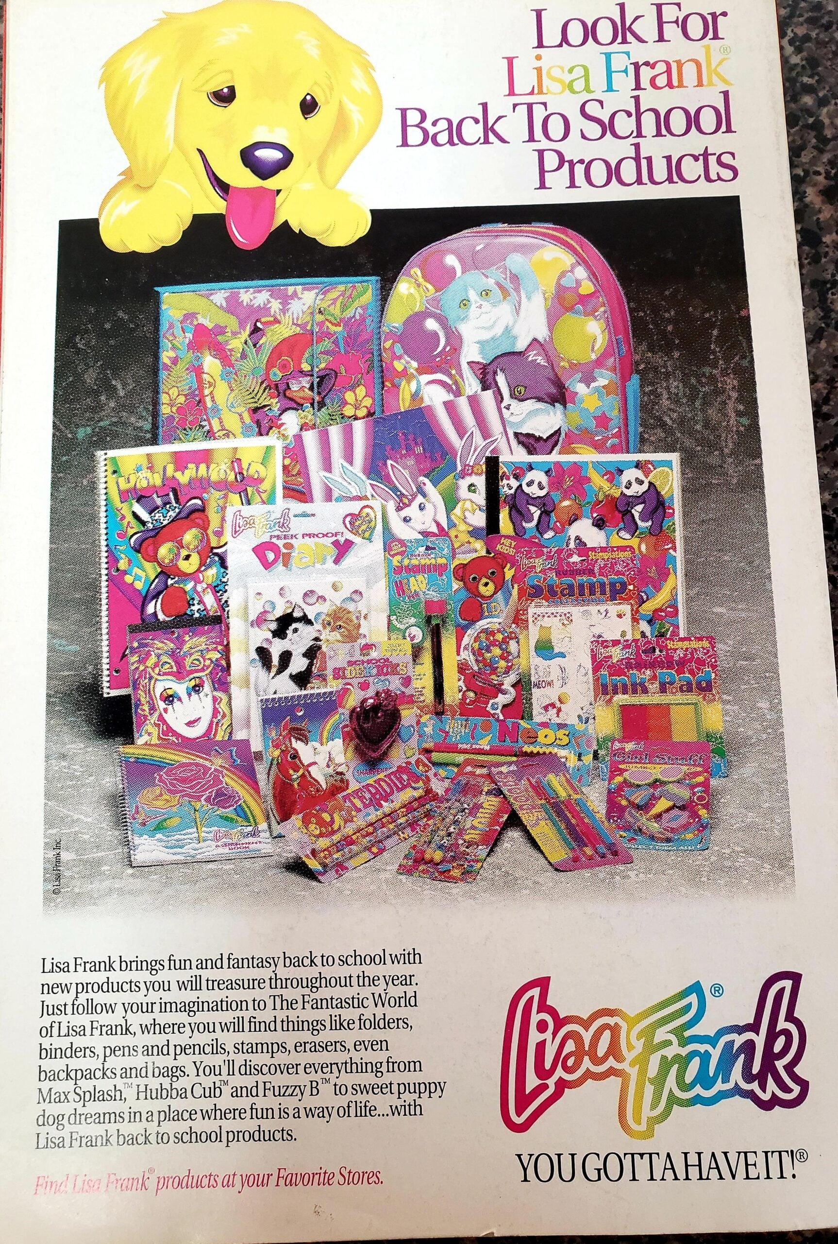 Colorful Lisa Frank back-to-school products, including folders, binders, notebooks, pencils, and erasers with vibrant animal and fantasy designs, displayed beneath a large yellow puppy graphic and Lisa Frank logo.