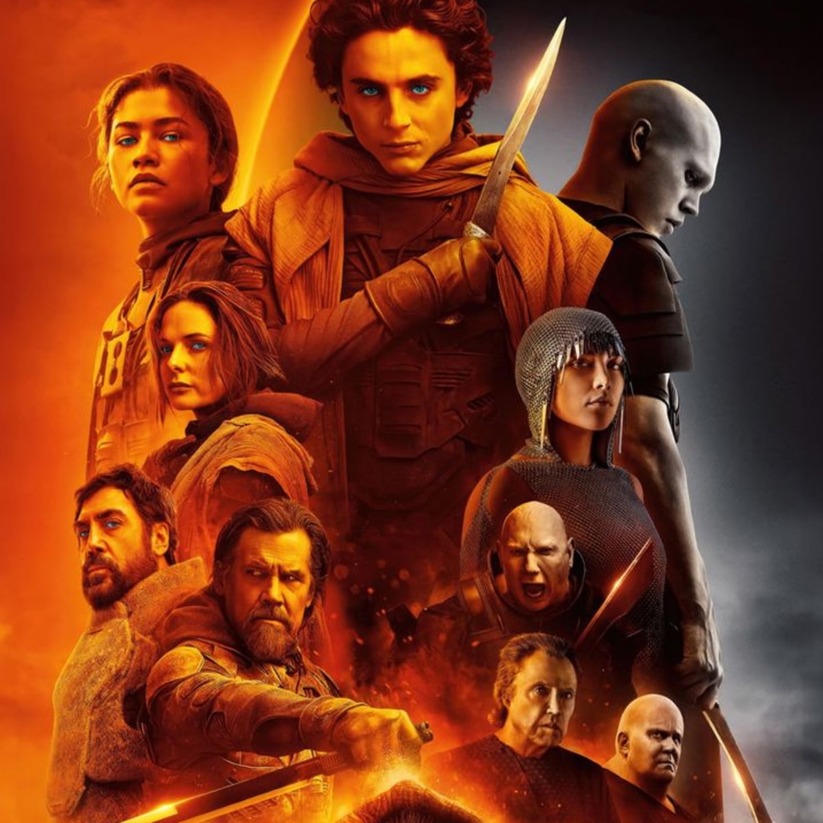 A dramatic movie poster for “Dune: Part Two” featuring several characters in intense poses, holding weapons, against a fiery orange and dark background divided by a glowing arc.
