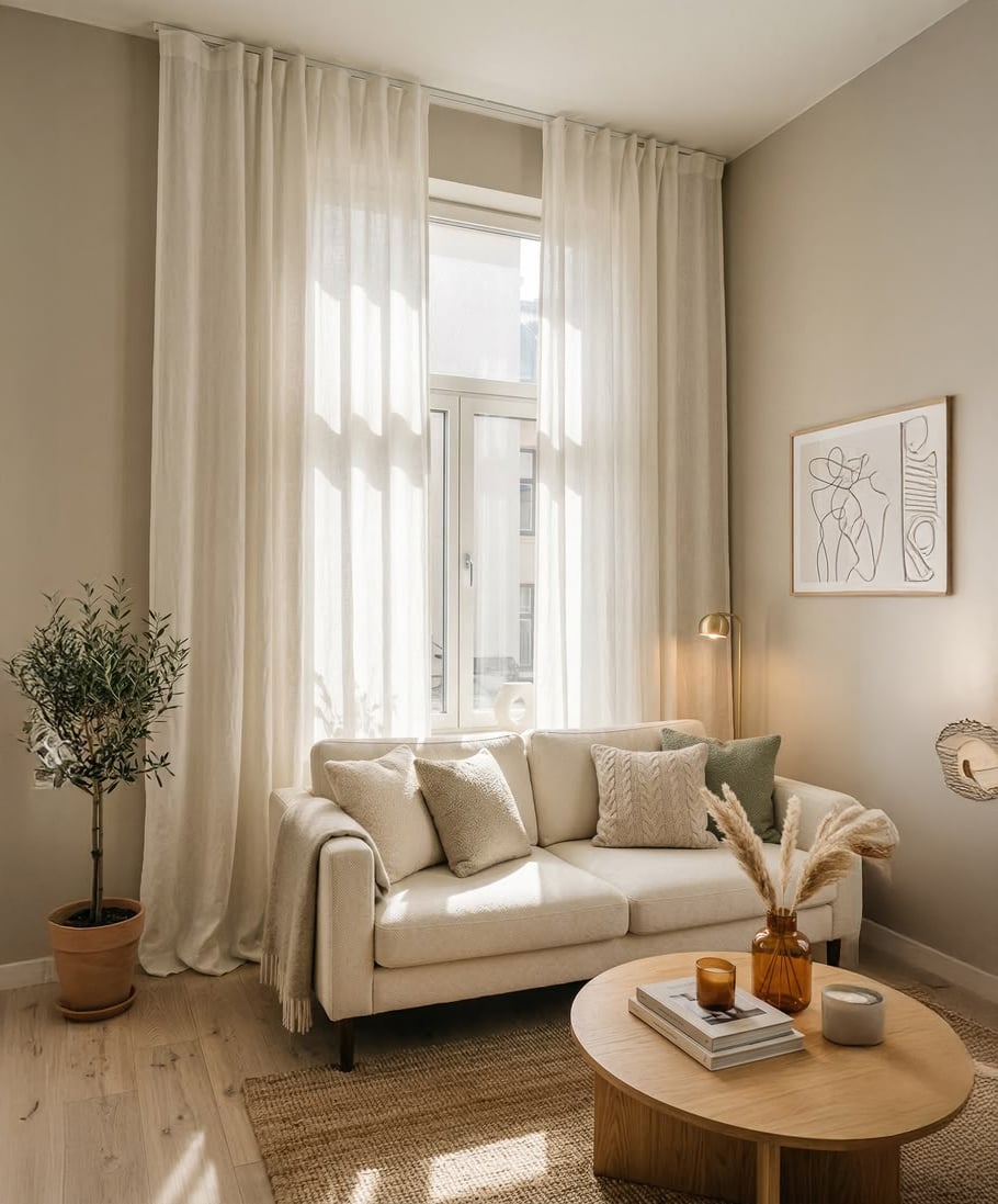 Bright, minimalist living room with a white sofa, textured cushions, a round wooden coffee table, potted plant, sheer curtains, neutral tones, and abstract wall art above the couch. Natural light fills the space.