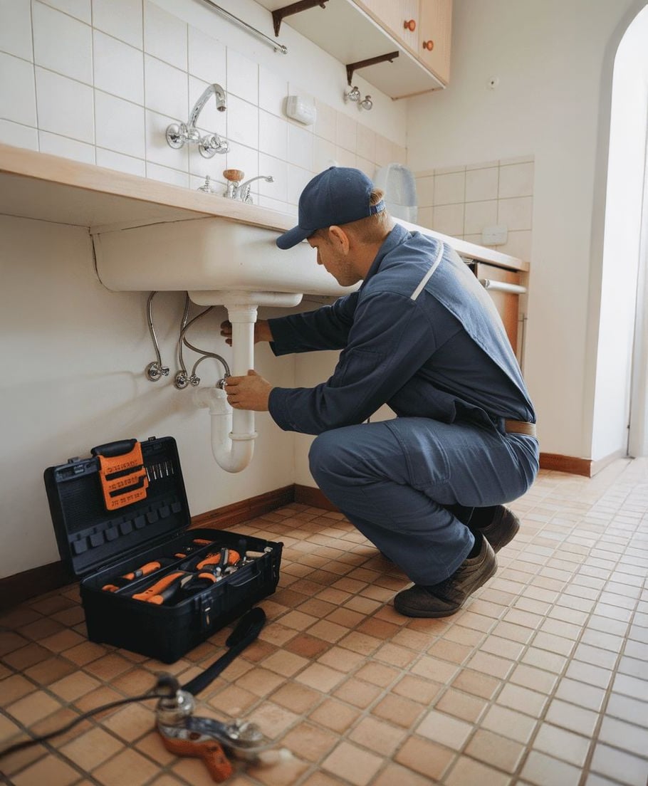 A plumber in a blue uniform and cap kneels on a tiled floor, fixing pipes under a kitchen sink. An open toolbox with various tools is placed nearby.