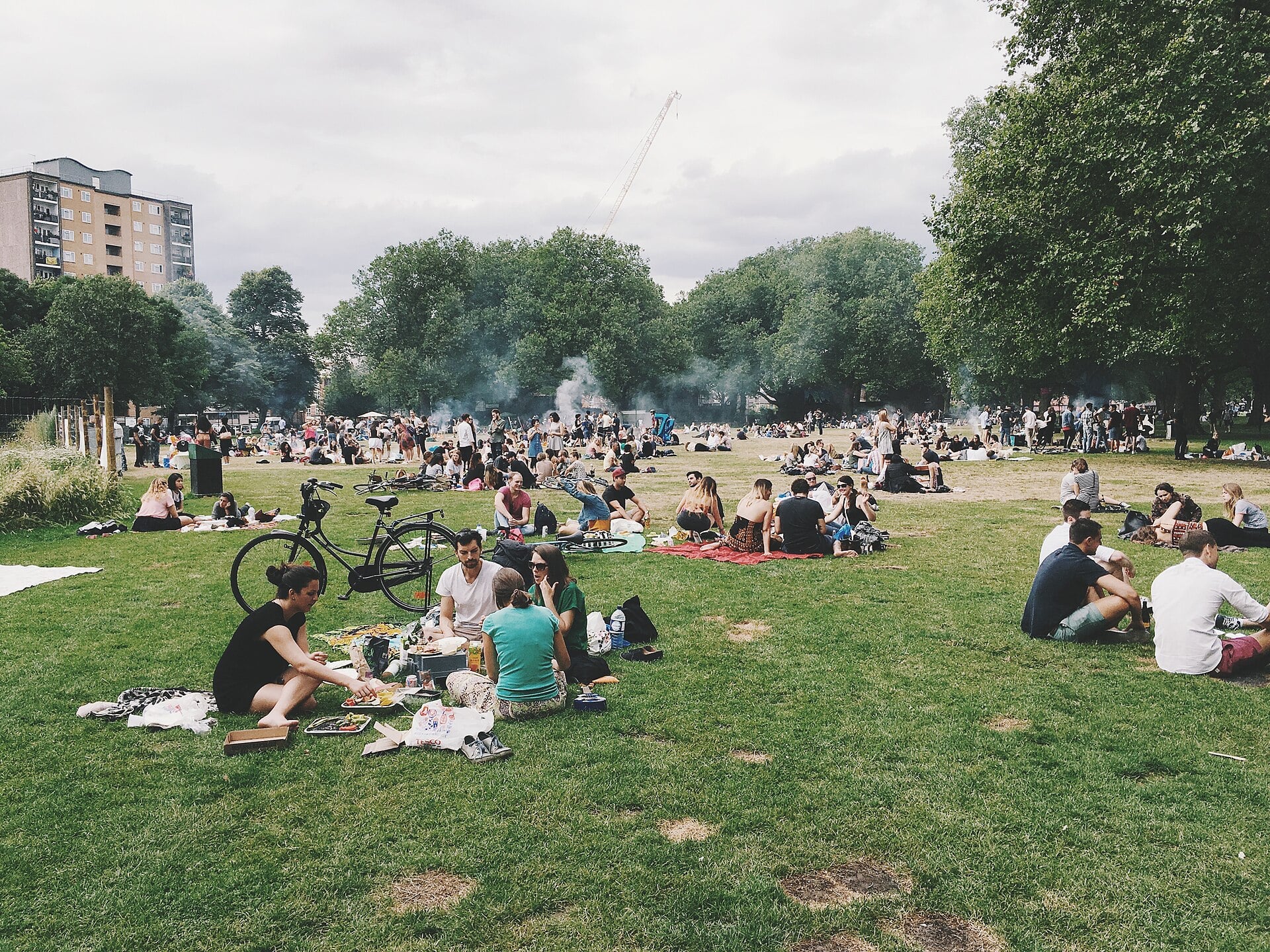 Groups of people are sitting on the grass in a park having picnics. Some have bicycles and blankets, and there are trees and a few buildings in the background. The sky is cloudy and the park is crowded.