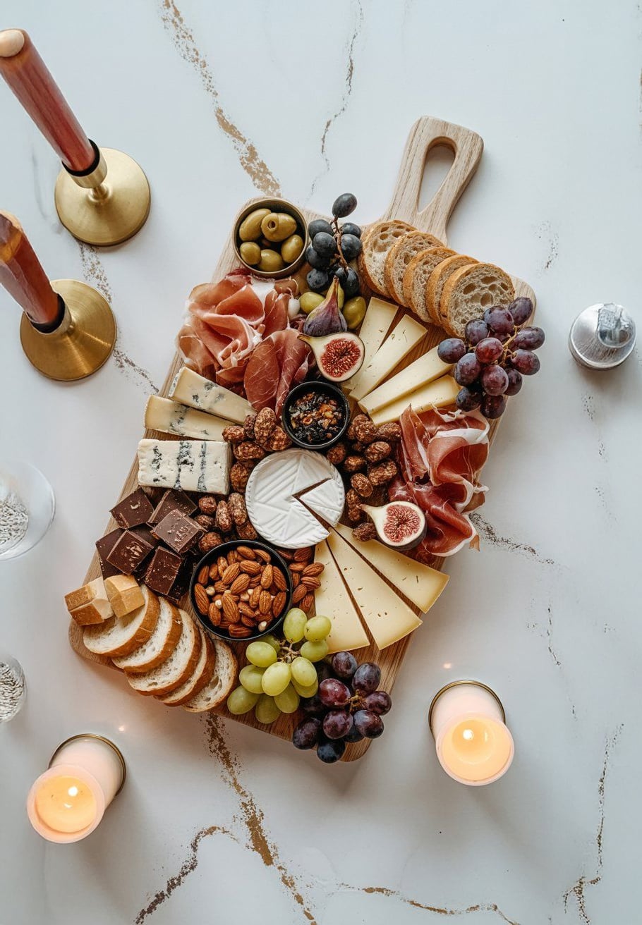 A charcuterie board with assorted cheeses, cured meats, grapes, figs, nuts, olives, chocolate, and sliced bread, surrounded by candles and two gold candleholders on a marble surface.