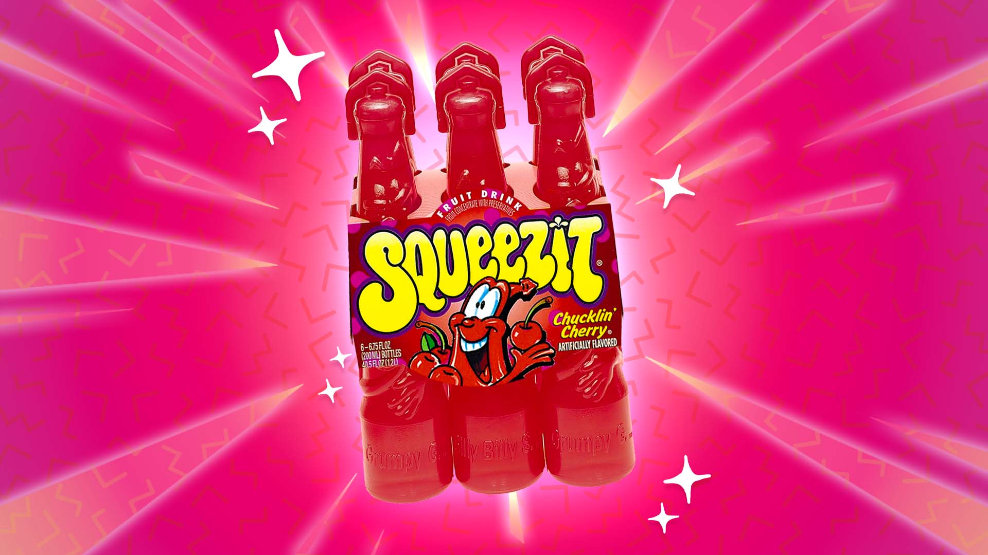 Three bottles of Squeezit Chucklin' Cherry drink with a cartoon face on the label, set against a bright pink, starburst background with sparkles and geometric shapes.