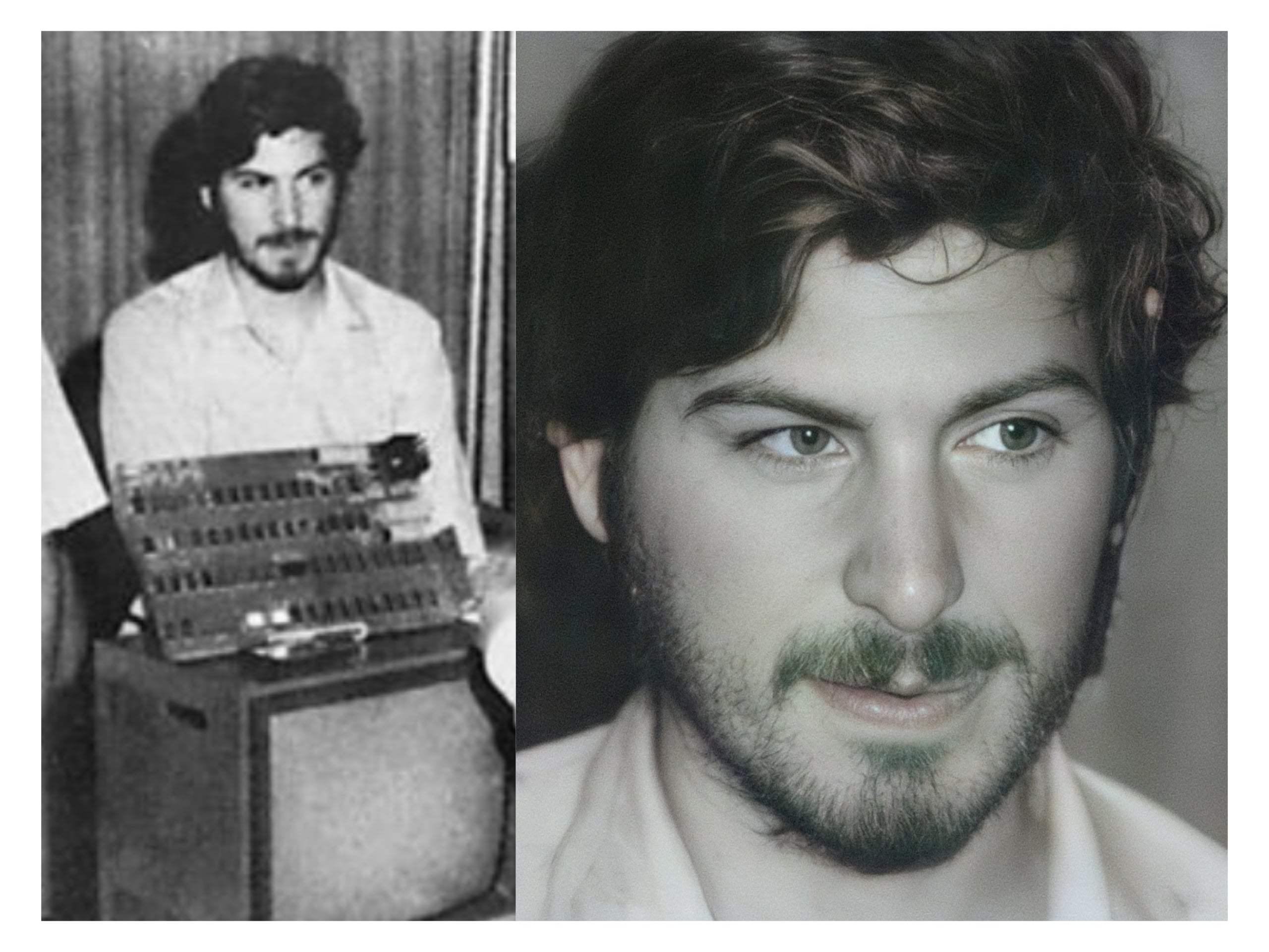 Side-by-side images: On the left, a young man sits beside an early computer; on the right, a close-up color portrait of the same man with a slight beard and mustache, looking thoughtfully to the side.