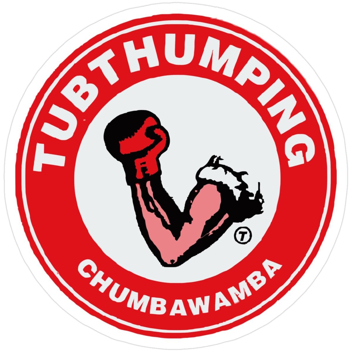 A red and white circular logo with "TUBTHUMPING" at the top and "CHUMBAWAMBA" at the bottom, featuring a cartoon flexed arm wearing a black boxing glove in the center.