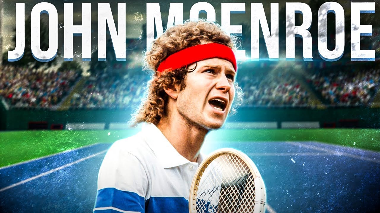 A tennis player with curly hair and a red headband holds a racket and shouts on a tennis court, with "JOHN MCENROE" written in large letters above. A stadium crowd is visible in the background.