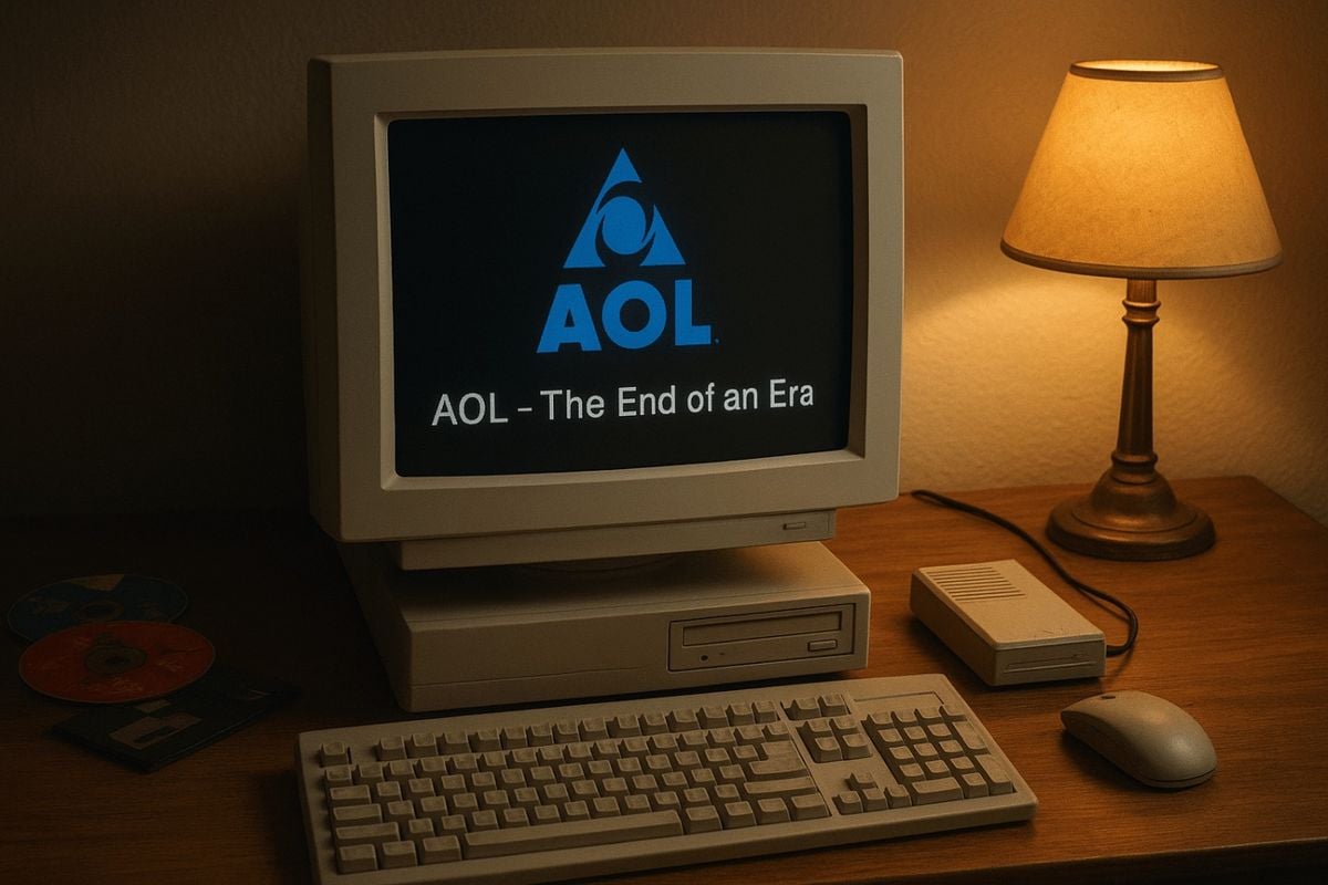 A vintage computer on a wooden desk displays the AOL logo and the words "AOL – The End of an Era" on its screen. The setup includes a keyboard, mouse, external drive, lamp, and some discs.