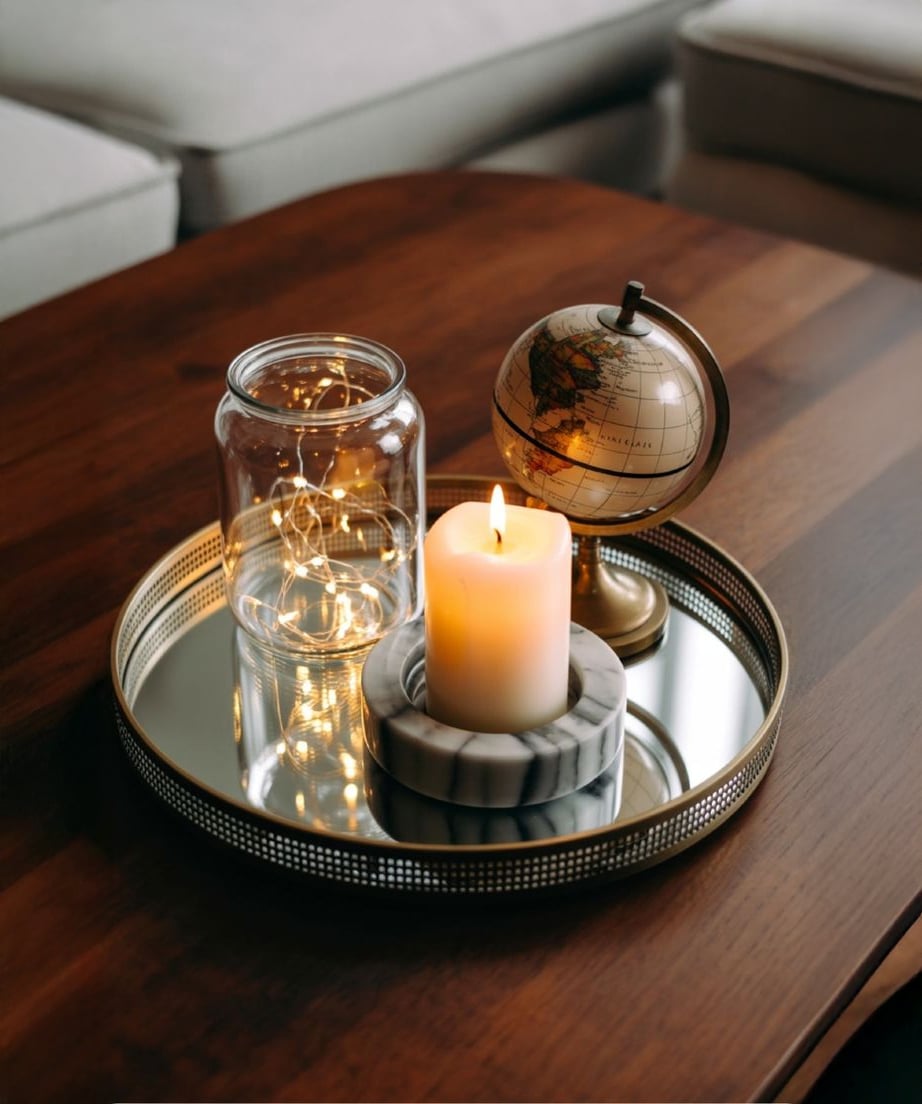 A round brass tray on a wooden table holds a glowing candle, a jar filled with string lights, and a small decorative globe, creating a cozy and elegant display.