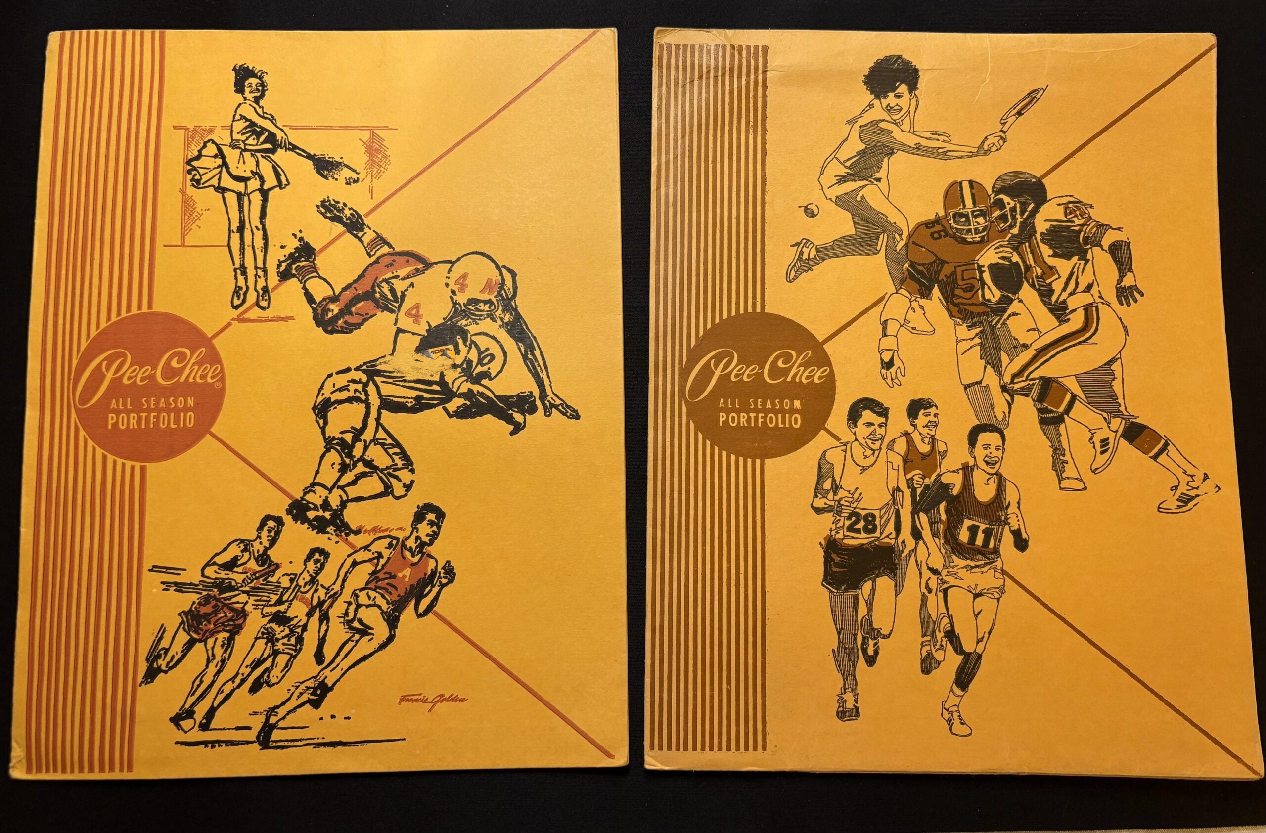 Two vintage Pee-Chee All Season Portfolio folders. The left folder shows sketches of athletes in tennis, basketball, football, and track. The right folder depicts athletes in football, basketball, baseball, and track events.