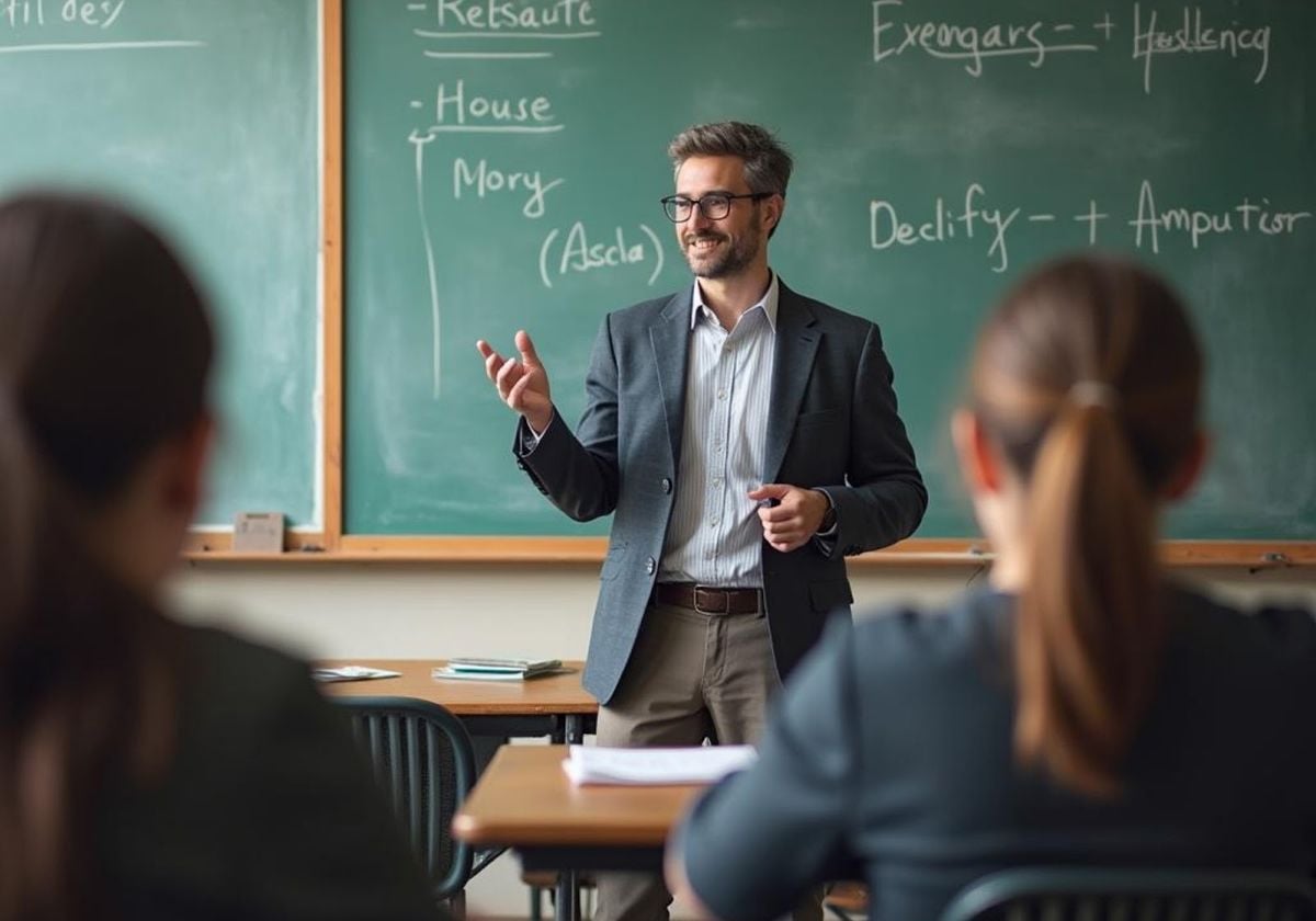 A smiling male teacher in a suit gestures while teaching in front of a chalkboard, with two students seated and facing him. The chalkboard displays various words and diagrams.