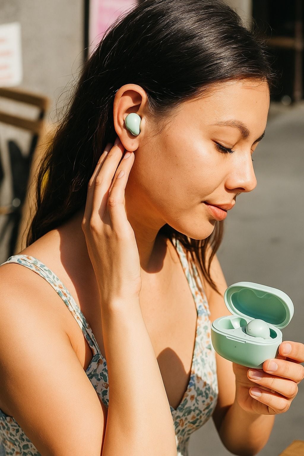 A woman with long dark hair is placing a mint green wireless earbud into her ear while holding its matching charging case in her other hand. She is outdoors and wearing a patterned sleeveless dress.