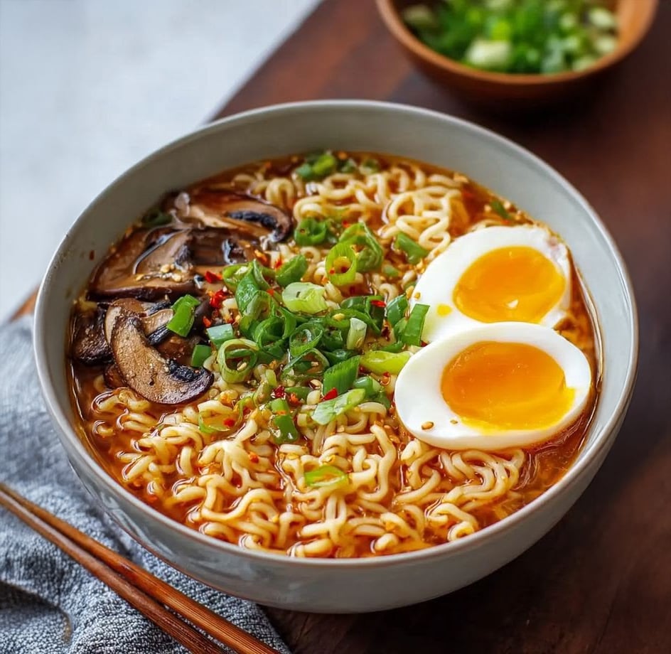 A bowl of ramen noodles in broth, topped with sliced mushrooms, chopped green onions, and two soft-boiled egg halves with runny yolks, placed on a wooden surface beside a bowl of extra green onions and chopsticks.