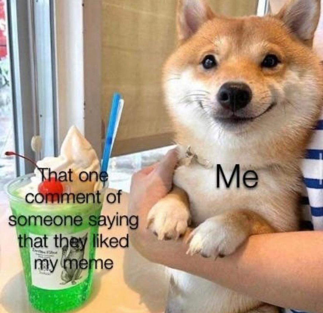 A smiling Shiba Inu labeled "Me" is held while looking at a green float with ice cream and a cherry labeled "That one comment of someone saying that they liked my meme.