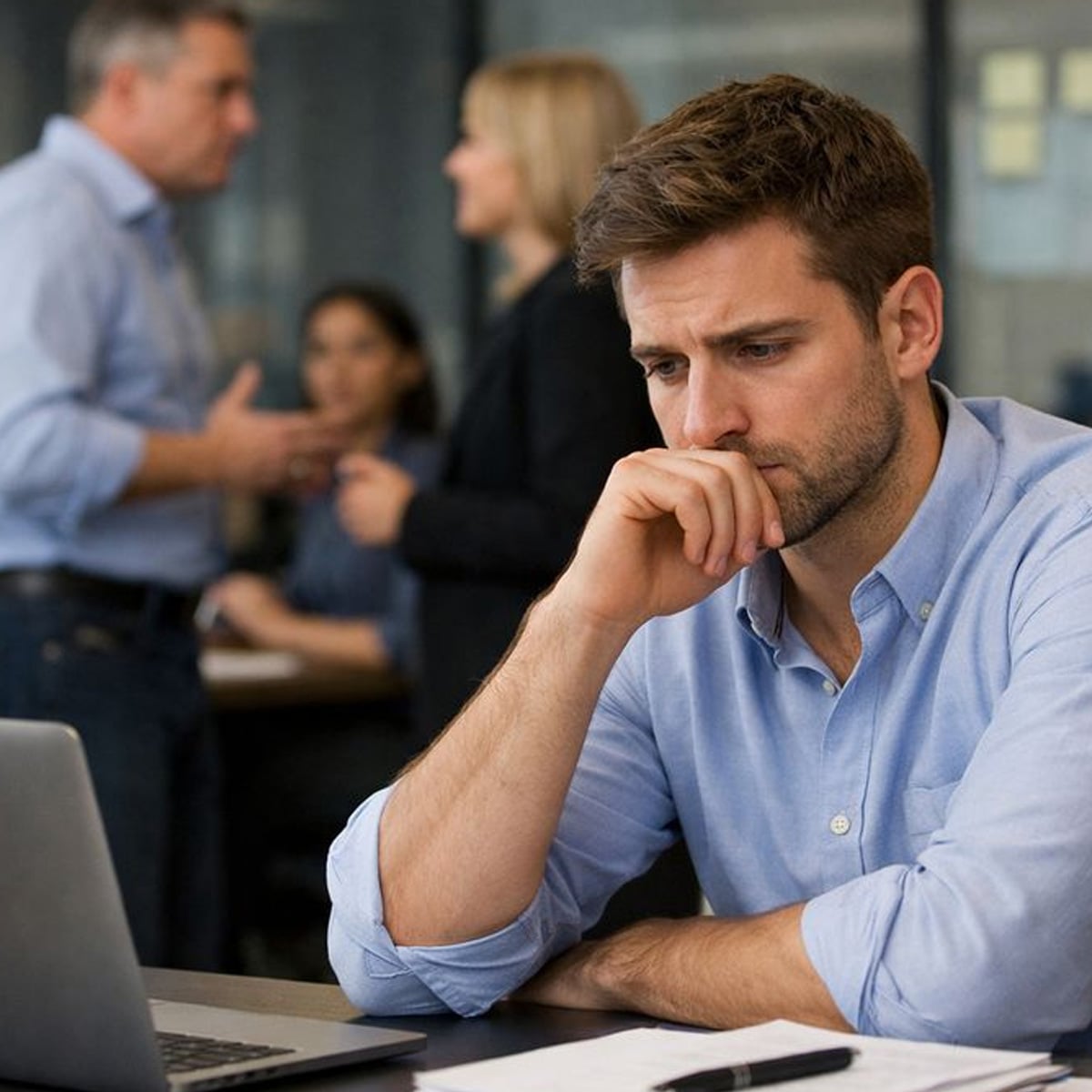 A man sits at a desk looking thoughtfully at his laptop, with his hand on his chin. In the background, two pairs of colleagues talk to each other in an office setting.