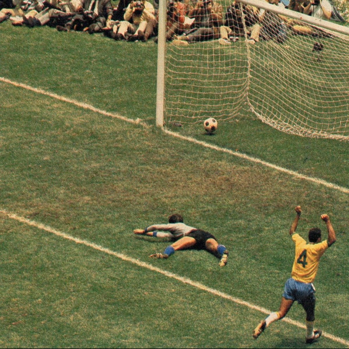 A soccer player in a yellow jersey celebrates with raised arms as the ball hits the net. The goalkeeper is lying face down on the grass. Spectators are visible in the stands behind the goal.