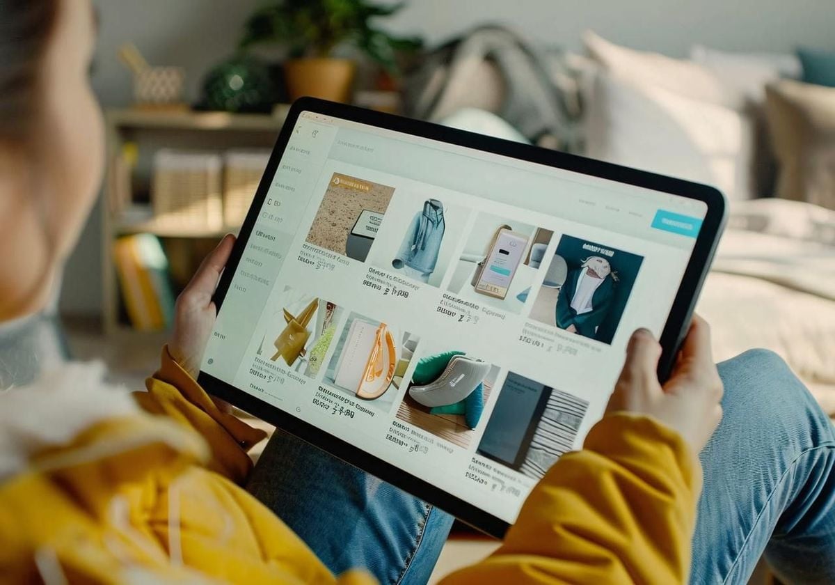 A person holding a large tablet browses an online shopping website displaying various items like clothes, gadgets, and home decor in a bright, cozy living room setting.