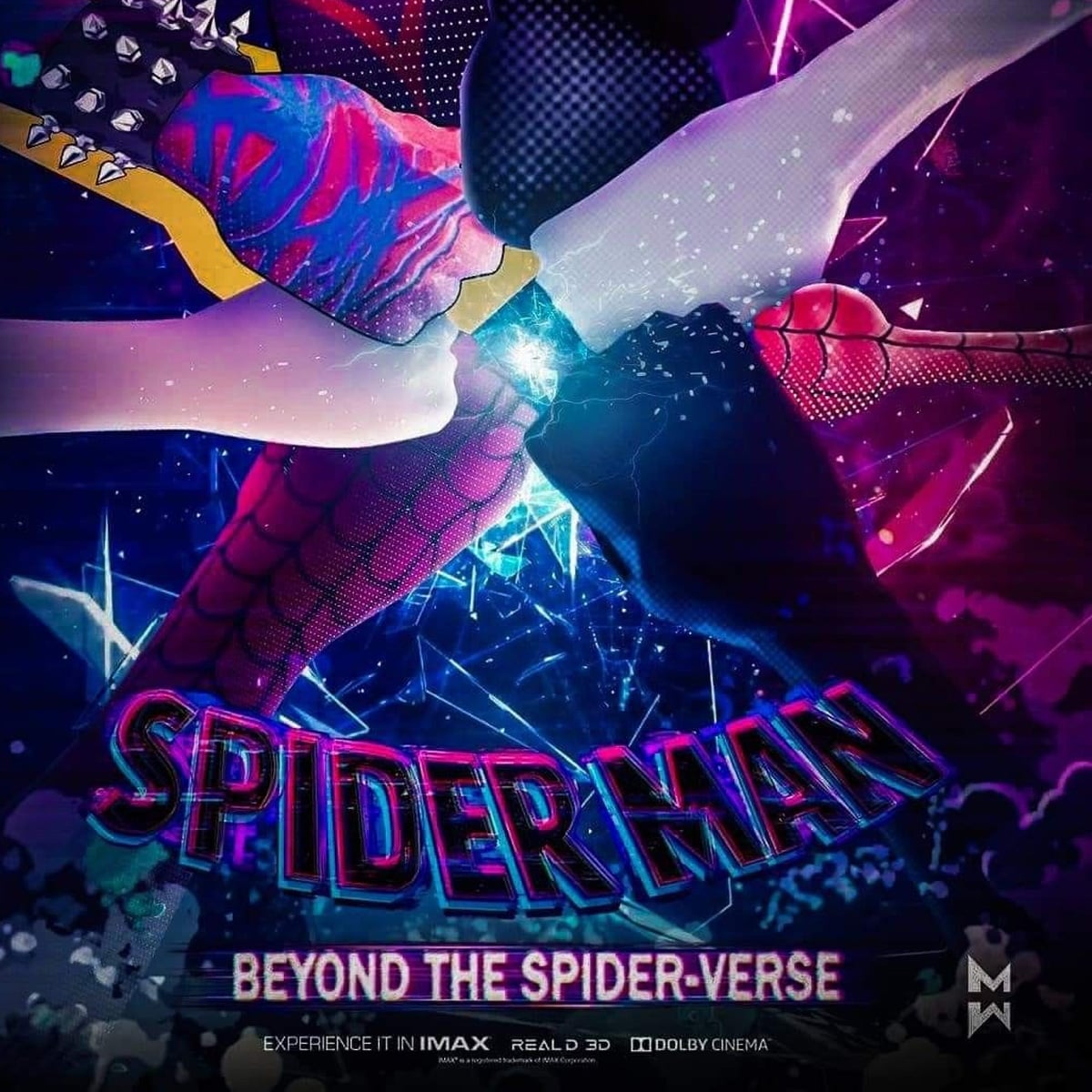 A vibrant poster shows multiple versions of Spider-Man kicking towards the center, their legs converging. The title "Spider-Man: Beyond the Spider-Verse" is displayed at the bottom with neon, glitchy effects.