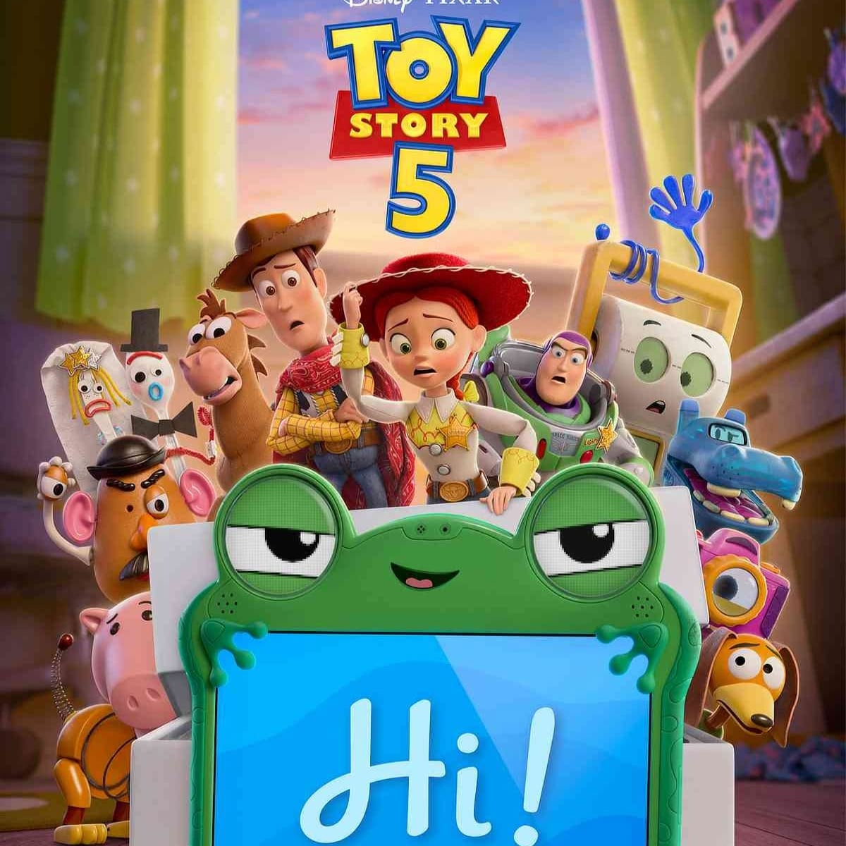 The main Toy Story characters, including Woody, Jessie, Buzz Lightyear, and others, stand together in a colorful room with a large frog-shaped device displaying the word "Hi!"; "Toy Story 5" is written at the top.