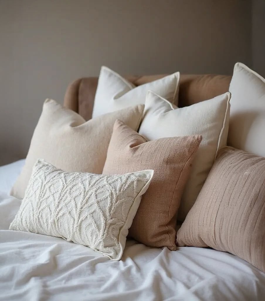 A group of neutral-toned throw pillows, including cream, beige, and light tan, are arranged on a bed with white bedding against a soft brown headboard and wall.