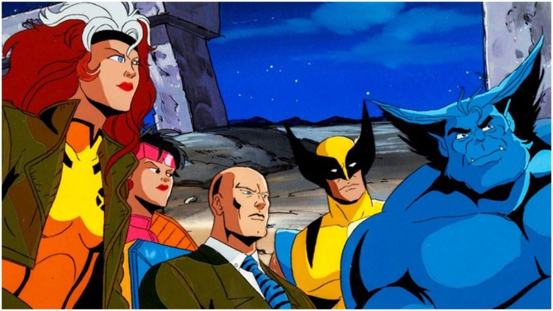 Five animated superheroes, including a blue beast, a man in a yellow suit with claws, a bald man in a suit, a woman with white and red hair, and another woman in pink, stand together outdoors at night looking serious.