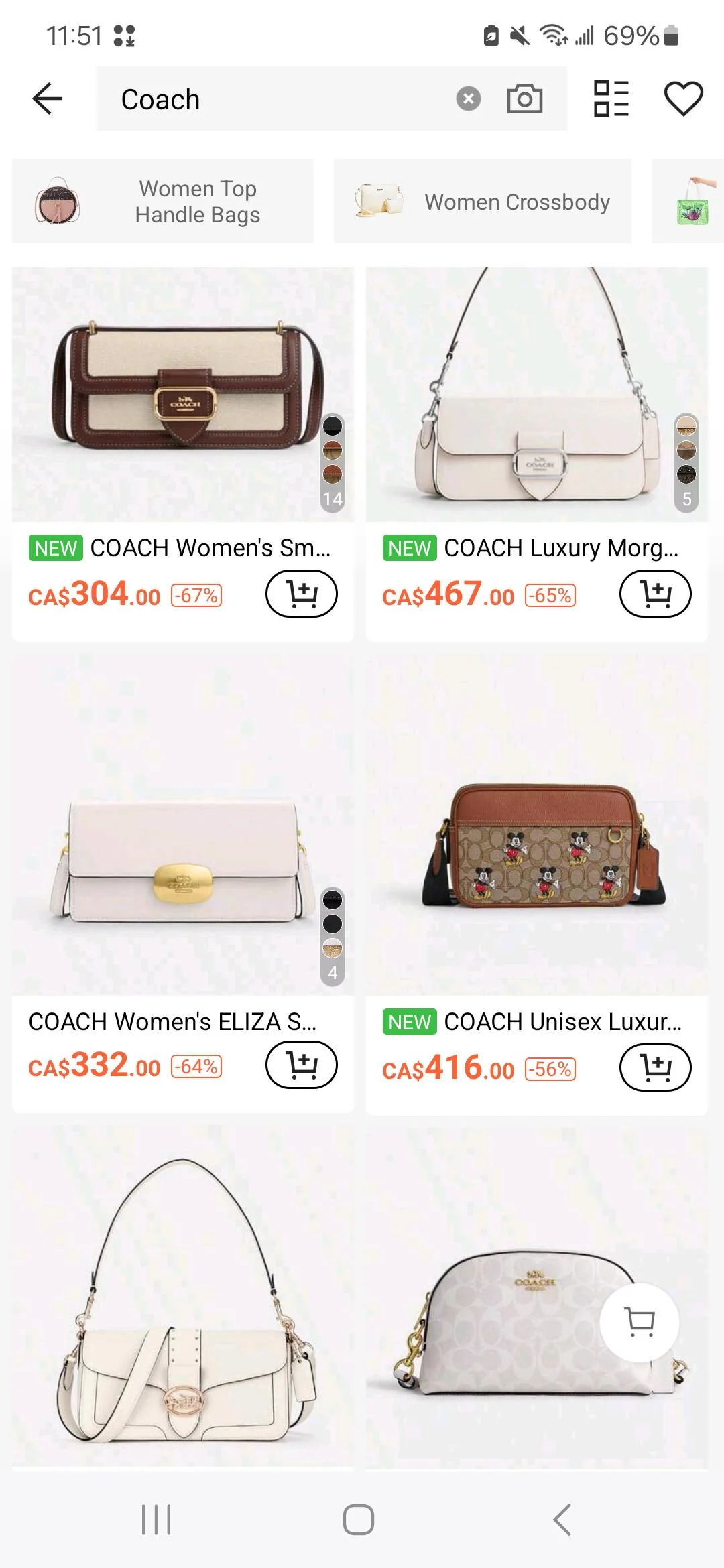 Screenshot of an online store featuring six Coach handbags with prices in Canadian dollars, discounts, and product names. Each bag is displayed with a white background and a shopping cart icon beside the price.