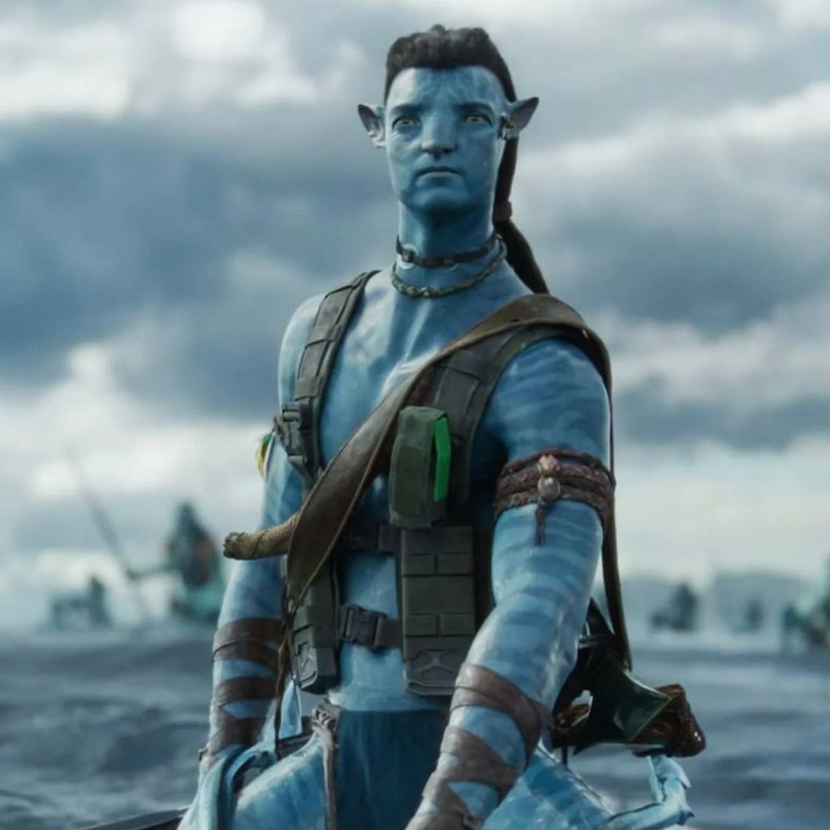 A blue-skinned humanoid character with striped markings, dressed in warrior gear, stands near water with a cloudy sky in the background. The character has pointed ears and long hair tied back.